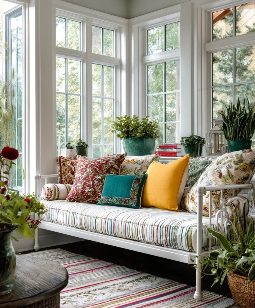 A bright sunroom with a stylish daybed framed in white metal, layered with colorful cushions and throw pillows.