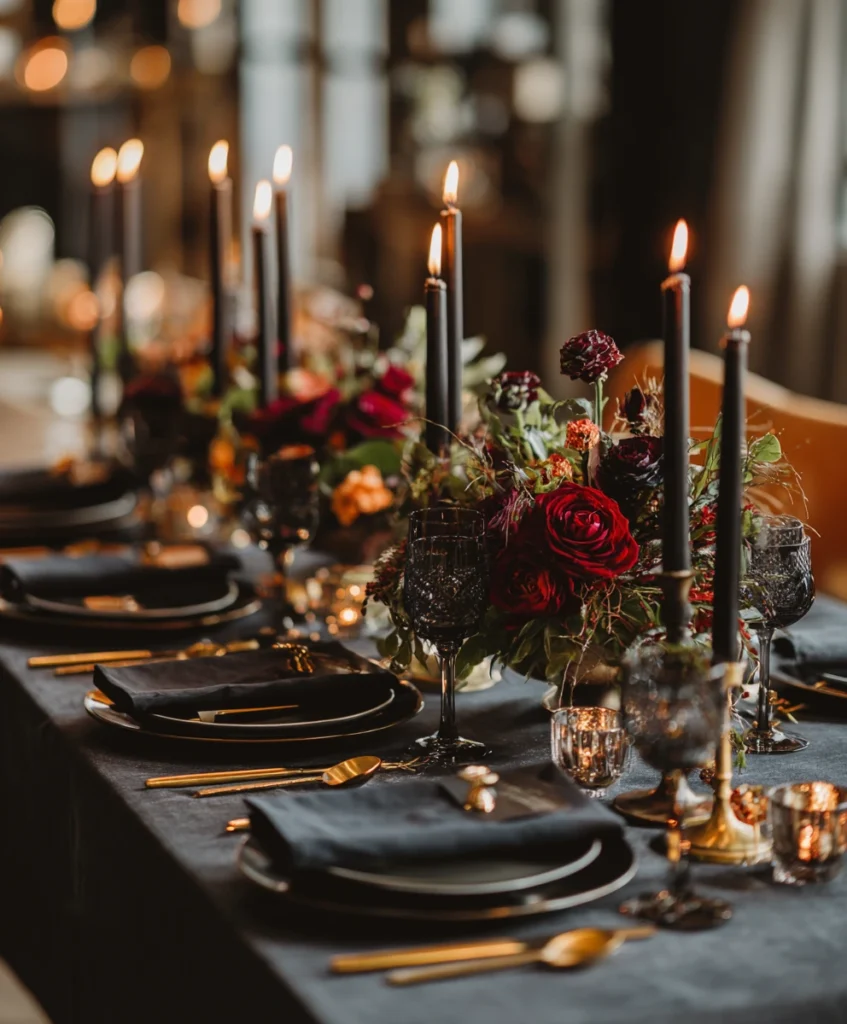 dramatic Thanksgiving table featuring deep jewel-toned linens in navy and emerald, matte black dinnerware, and gold flatware