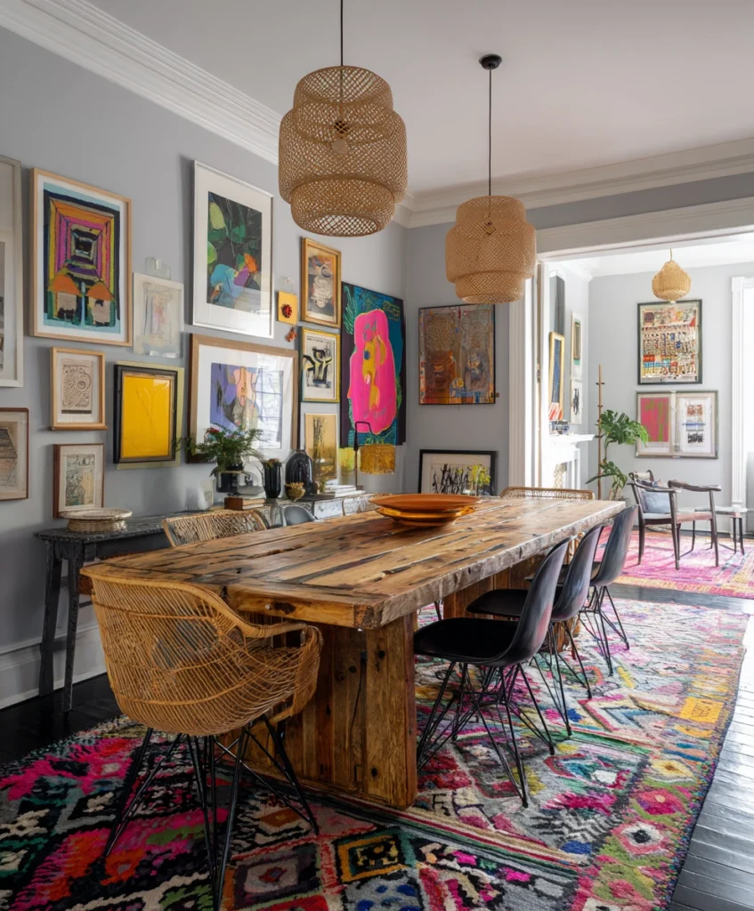 a vibrant eclectic dining room featuring a rustic farmhouse table paired with modern chairs and bold patterned rugs