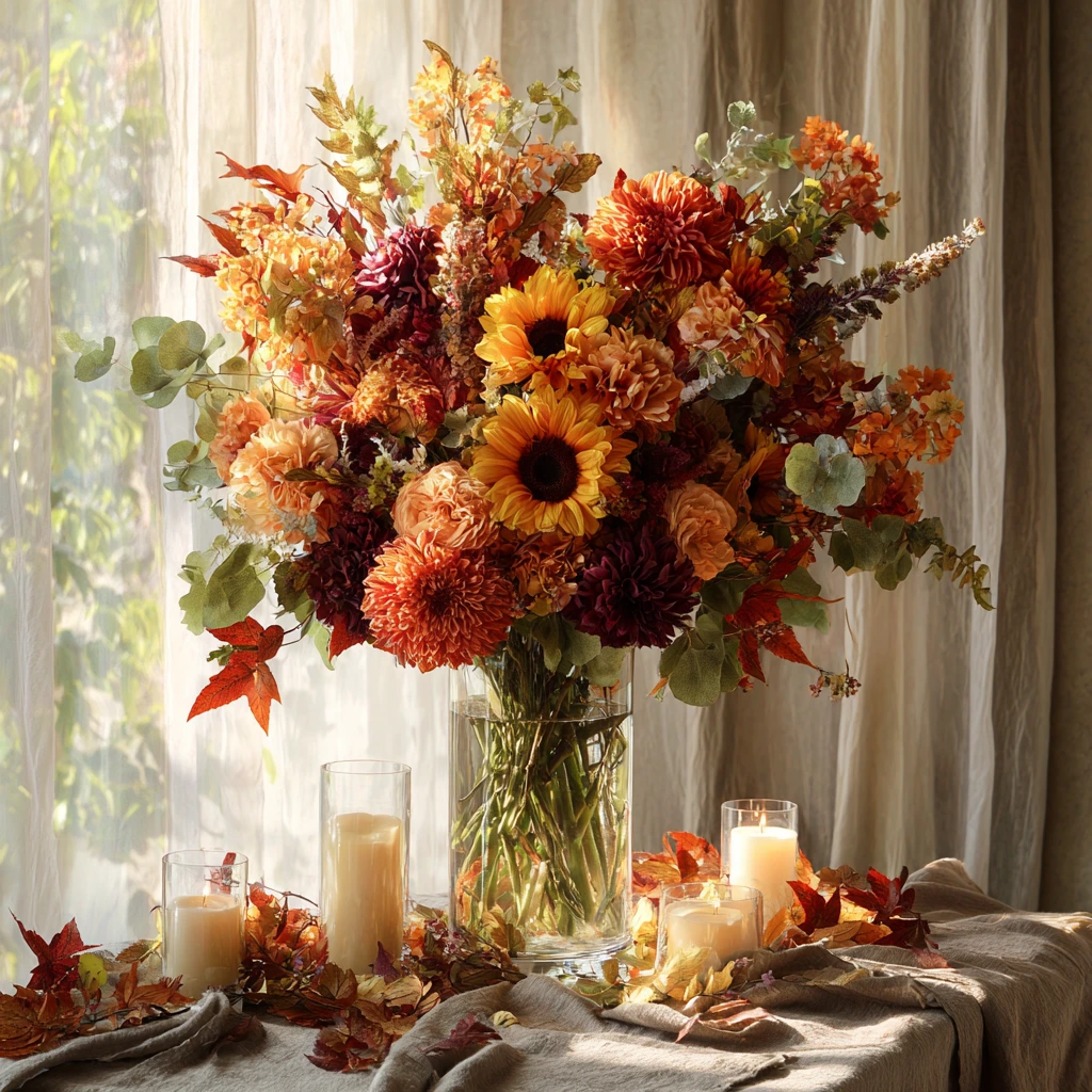 a tall glass vase overflowing with autumn flowers