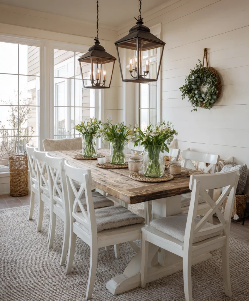 cozy farmhouse dining room with a reclaimed wood table, white cross-back chairs, and rustic pendant lighting