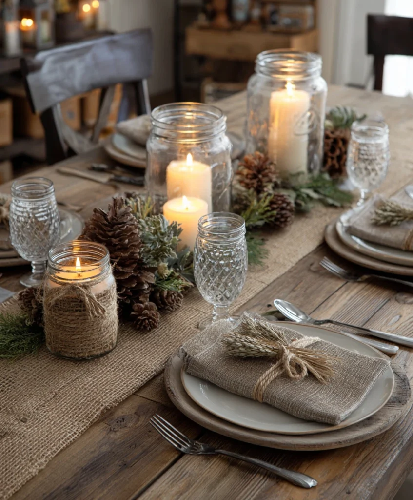 farmhouse-style Thanksgiving table set on a wooden table with burlap runners, twine-tied napkins, pinecones, and dried wheat