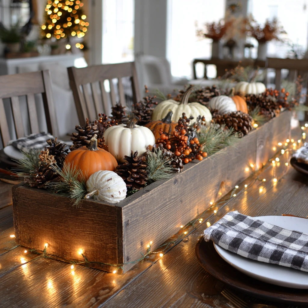 reclaimed wooden box centerpiece filled with small pumpkins, pinecones, faux berries, and fairy light