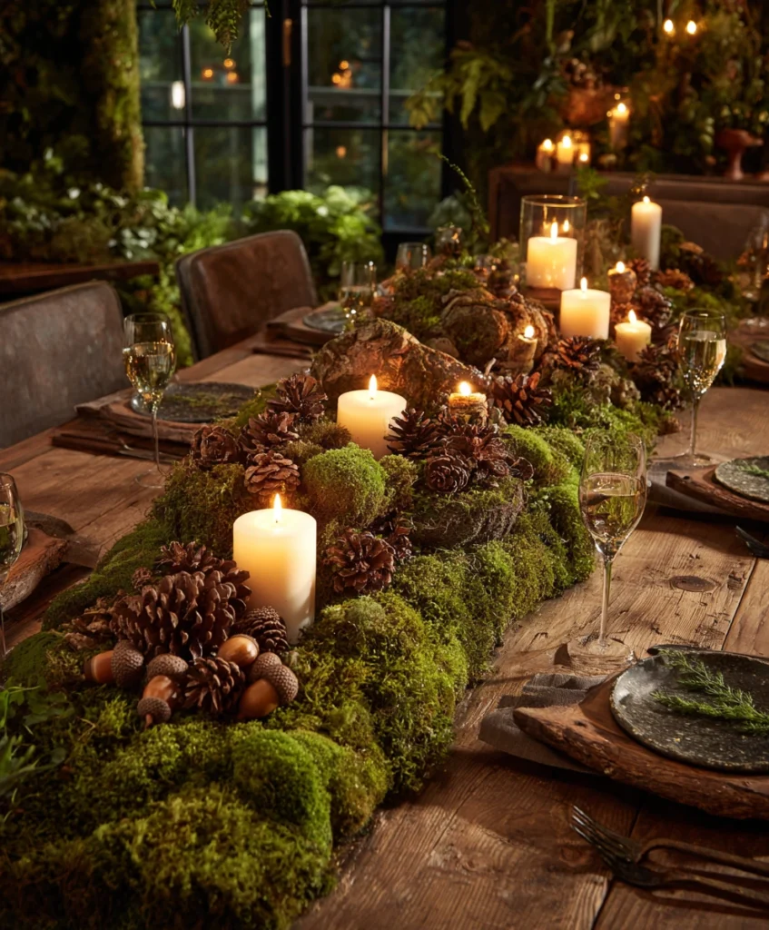 forest-inspired Thanksgiving table with moss runners, pinecones, acorns, and glowing candles