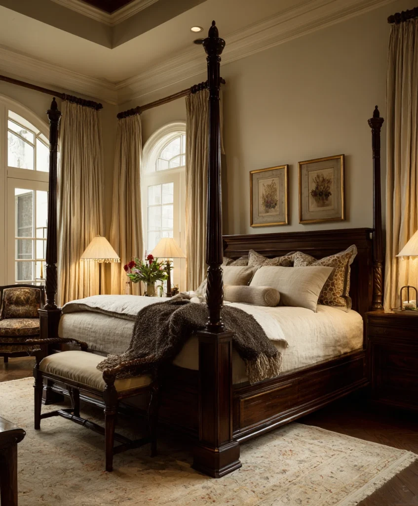 A traditional master bedroom featuring a large four-poster bed in dark wood, without fabric drapes.