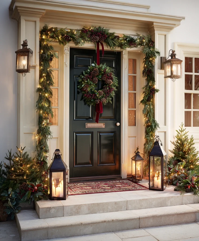 A classic front door adorned with a thick evergreen wreath featuring pinecones, red berries, and velvet ribbon.