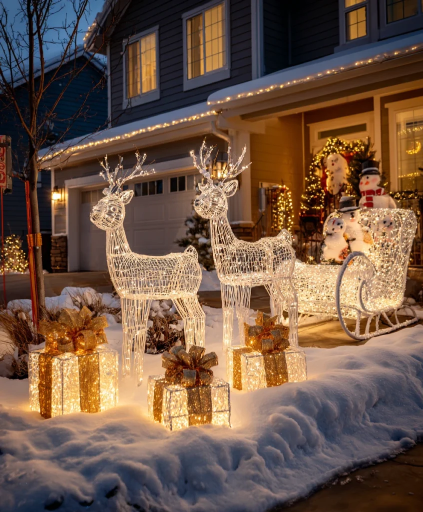 A spacious front yard filled with life-size reindeer figures, a sleigh with wrapped gift boxes, and glowing snowmen surrounded by sparkling string lights.
