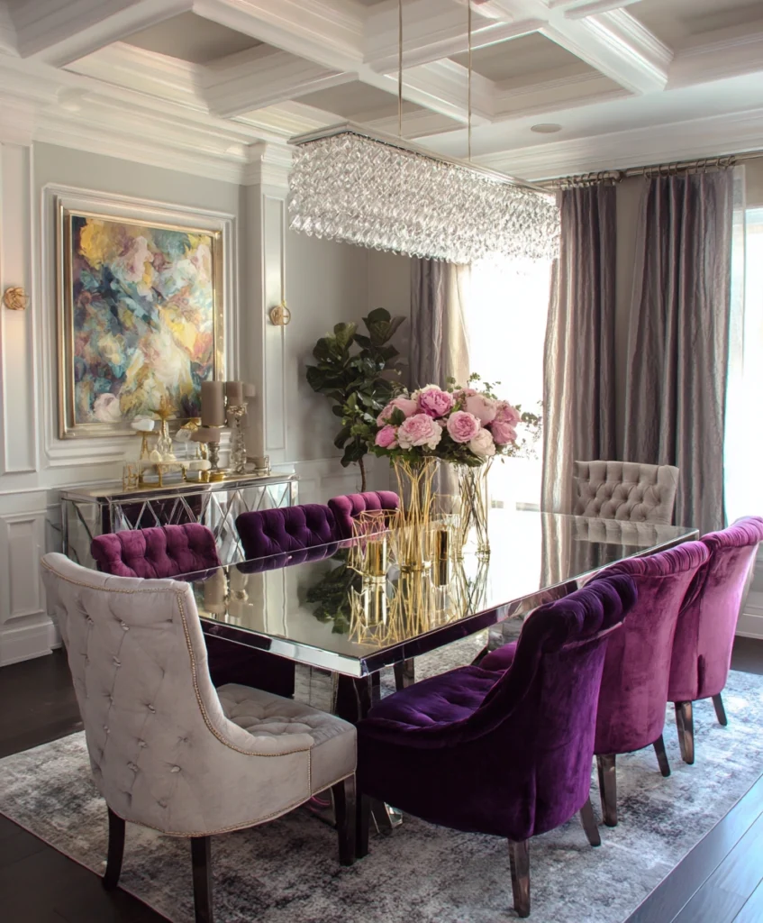 luxurious glam dining room with a mirrored dining table, velvet tufted chairs in jewel tones, and a sparkling crystal chandelier