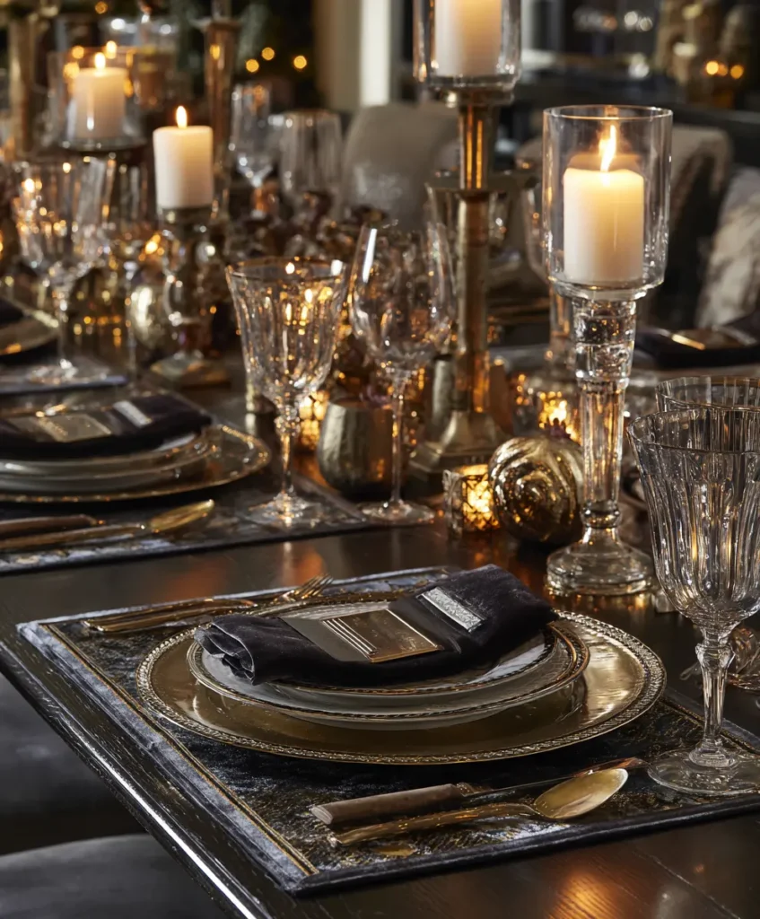 Thanksgiving table setting showcasing gold, silver, and bronze accents