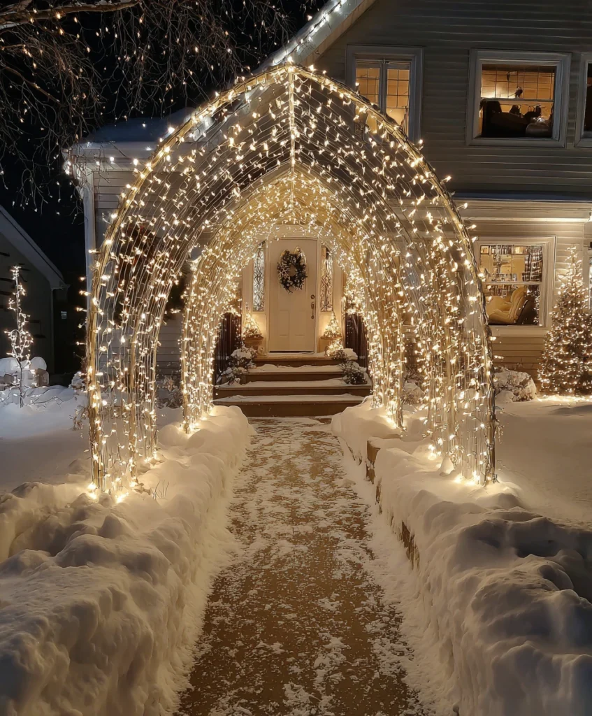 A glowing light tunnel leading up to a front door, made from arched frames wrapped in string lights and garland.