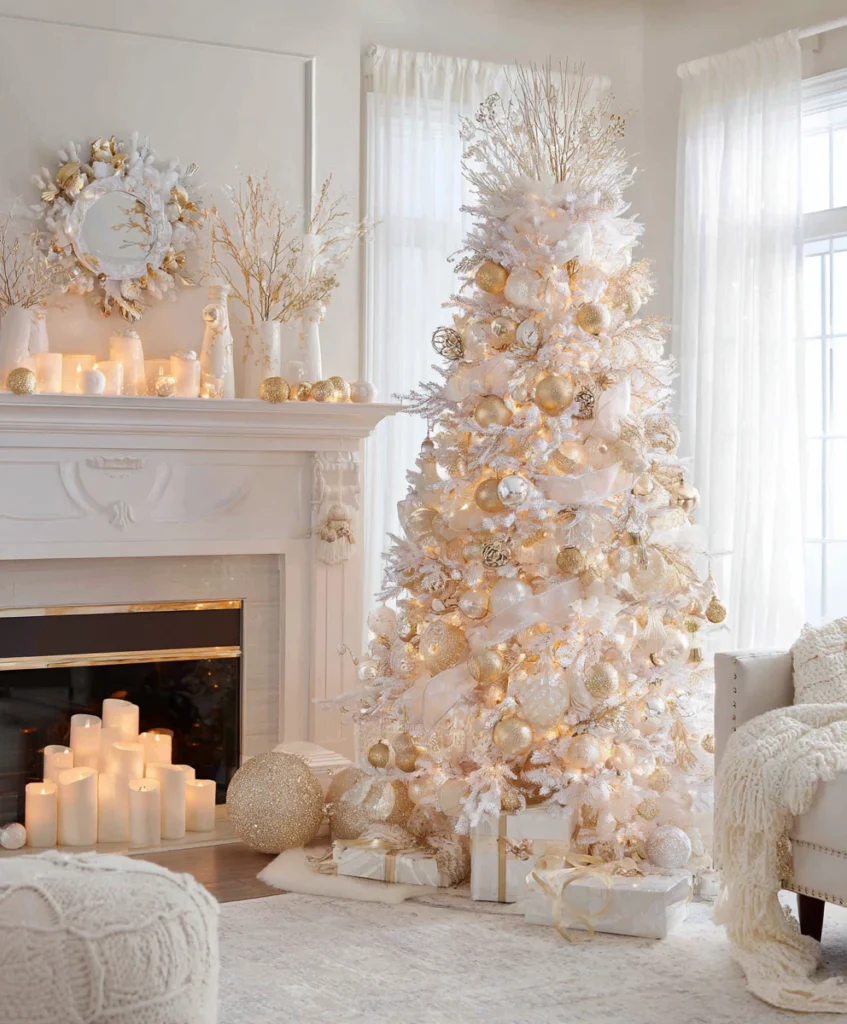 An elegant Christmas setup with a white tree decorated in shimmering gold ornaments, white ribbons, and fairy lights.