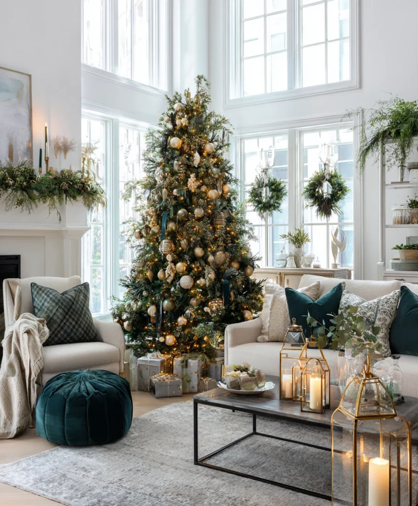 A festive living room with a deep green tree accented by gold baubles, ribbons, and fairy lights.