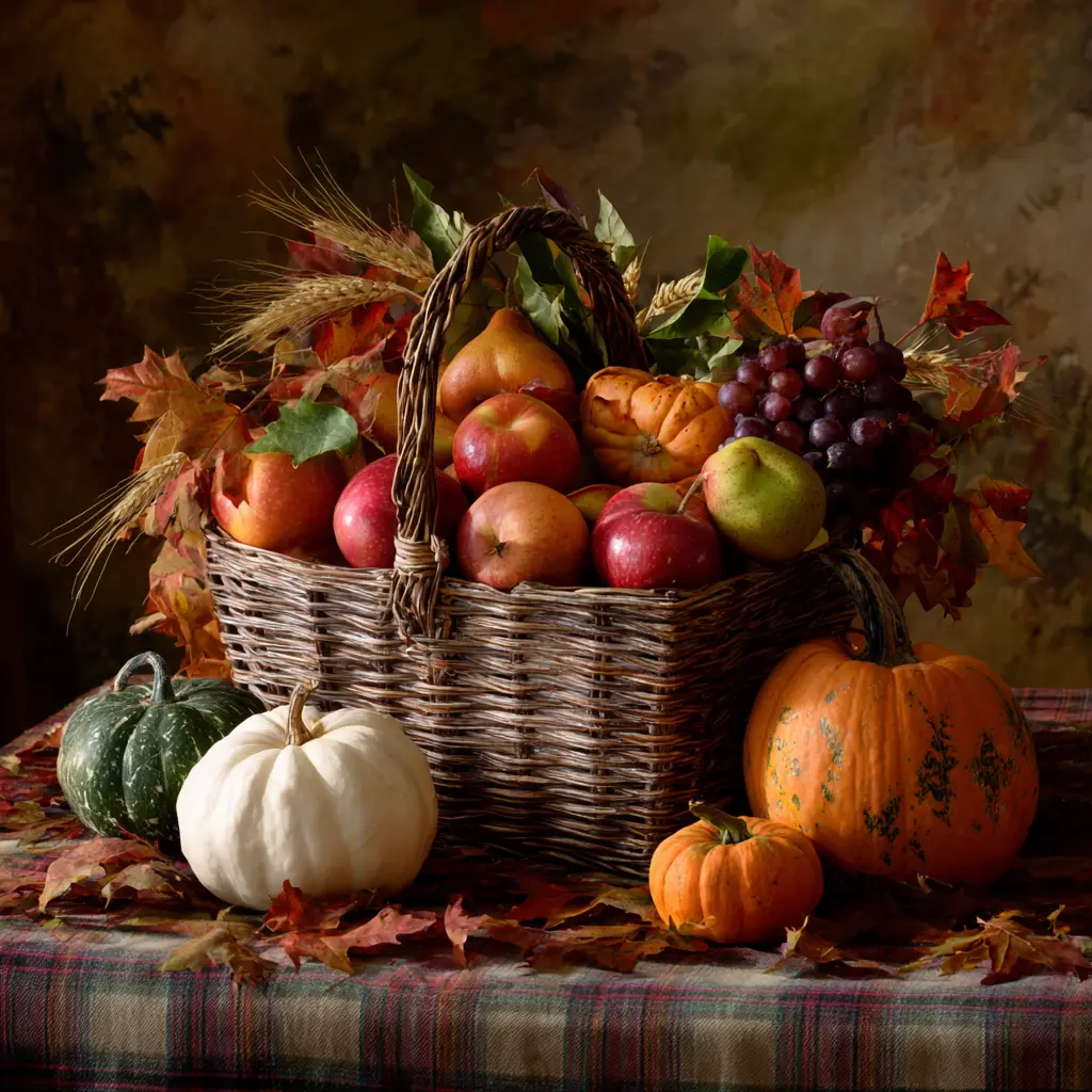 A wicker basket overflowing with apples, pears, small pumpkins, and squash, accented by dried leaves and wheat stalks.
