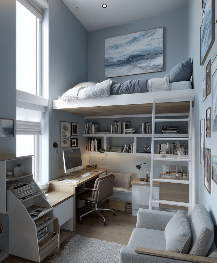 a teen bedroom with a loft bed elevated above a built-in desk and study area