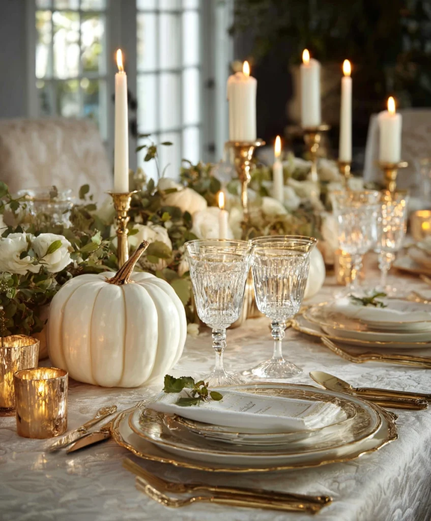 a luxurious Thanksgiving table with a white linen tablecloth, gold-rimmed plates, crystal glasses, and gold flatware