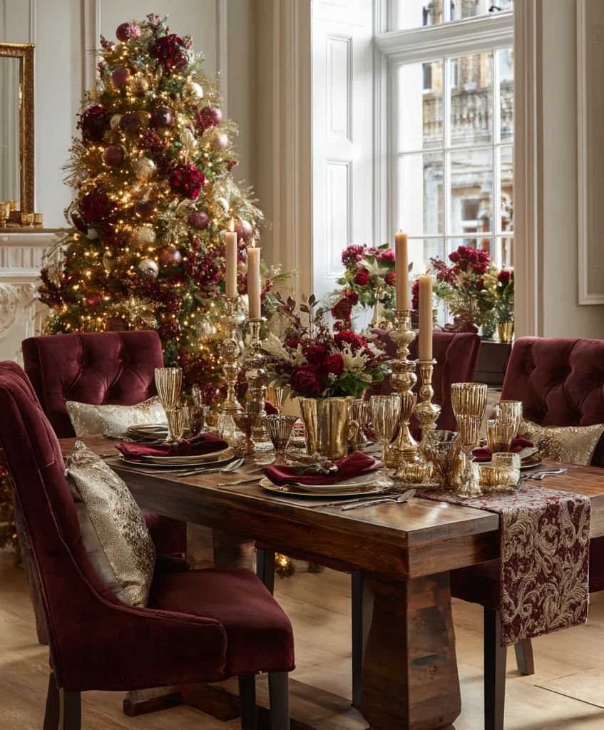 A rich, luxurious room with a burgundy and gold theme.