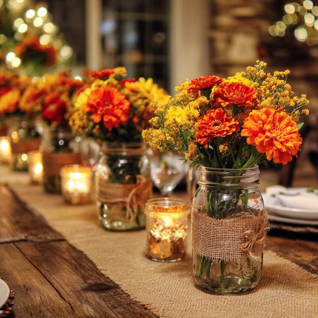 a group of mason jars filled with orange marigolds, yellow mums, and zinnias