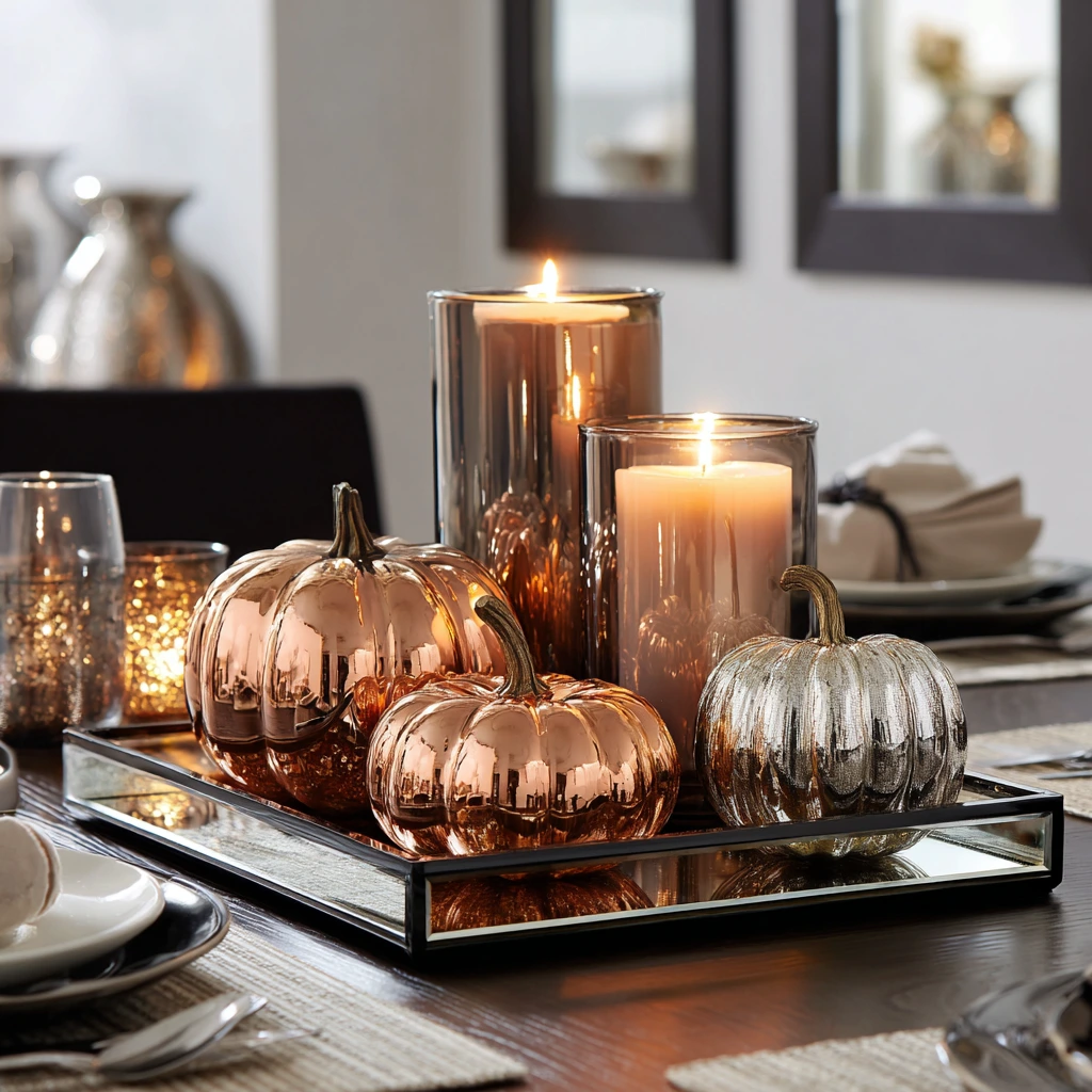 sleek dining table featuring metallic gold and copper pumpkins, reflective candleholders, and a mirrored tray centerpiece