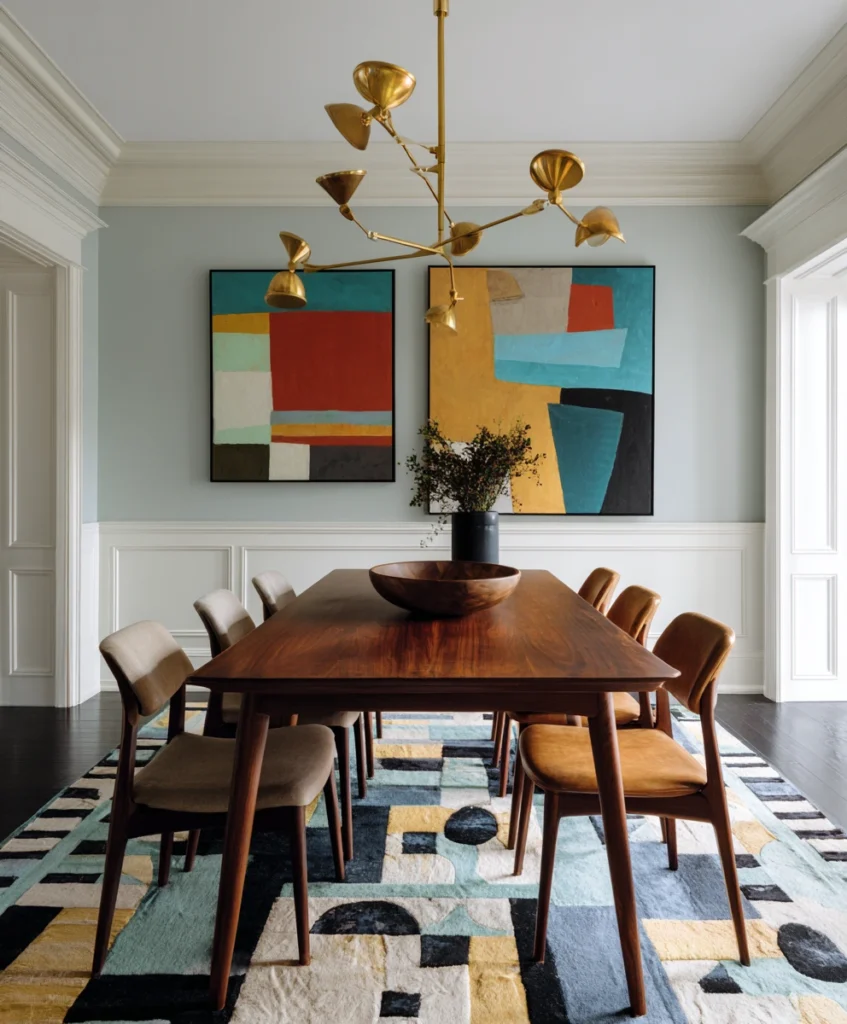 retro-inspired dining room with a walnut dining table, tapered-legged chairs in earthy tones, and geometric-patterned rugs