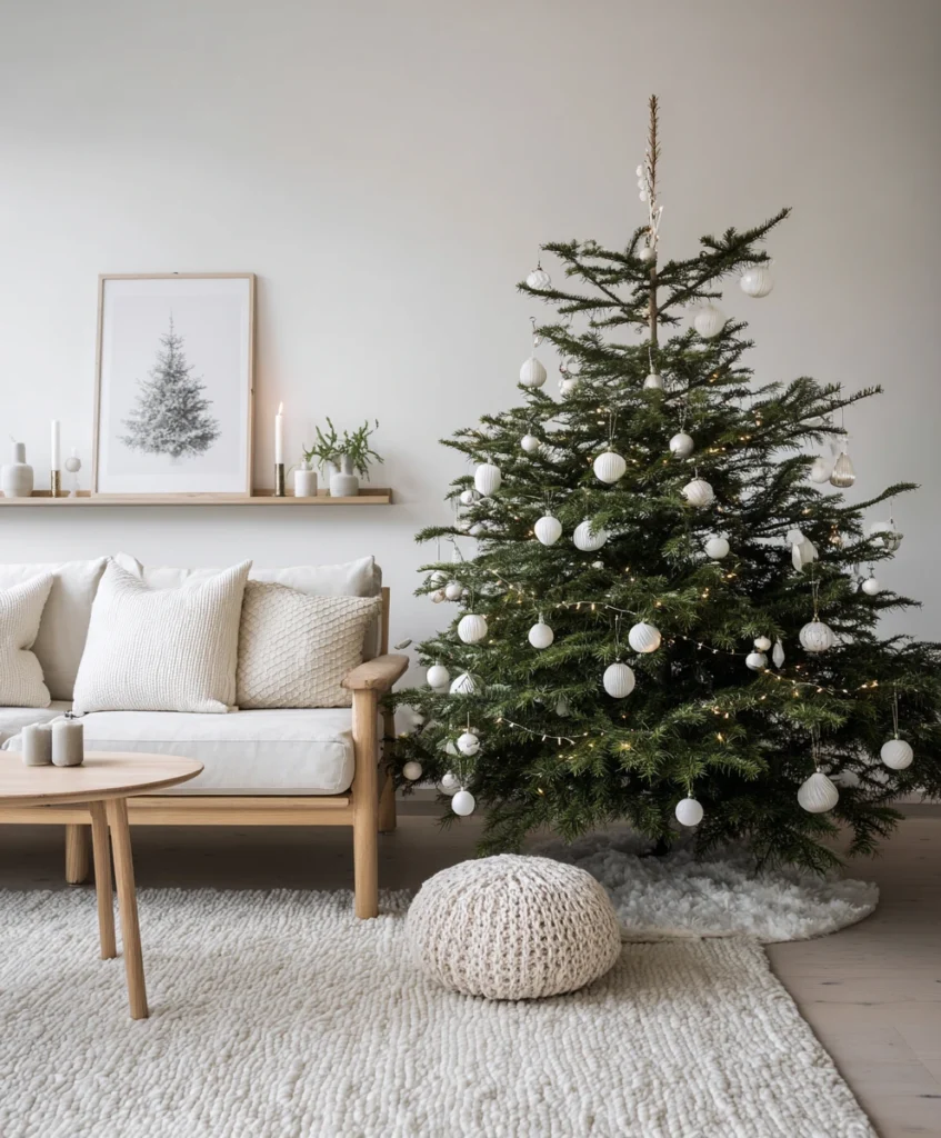 A minimalist Scandinavian-inspired space with a green Christmas tree decorated with white ornaments and subtle string lights.