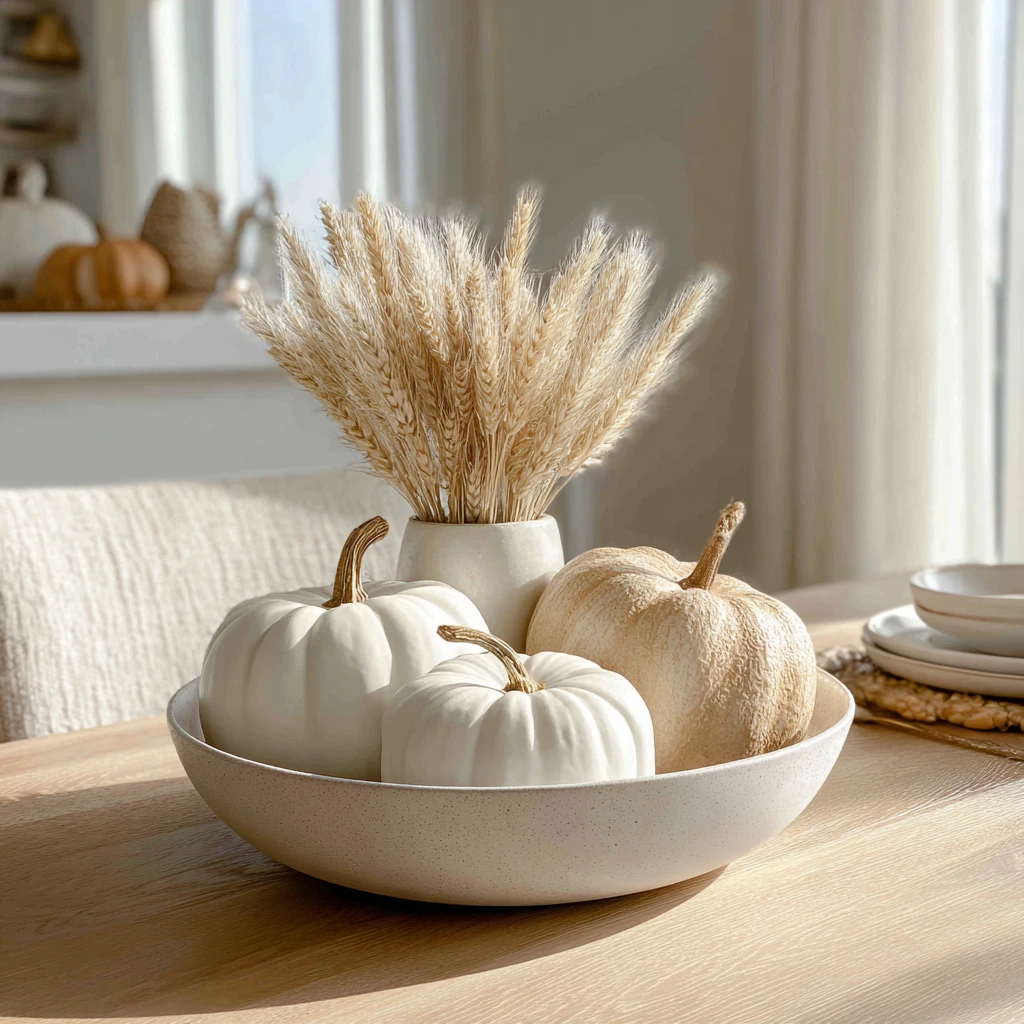 minimalist table setup featuring white pumpkins, beige pampas grass, and dried wheat stems arranged in a shallow ceramic bowl