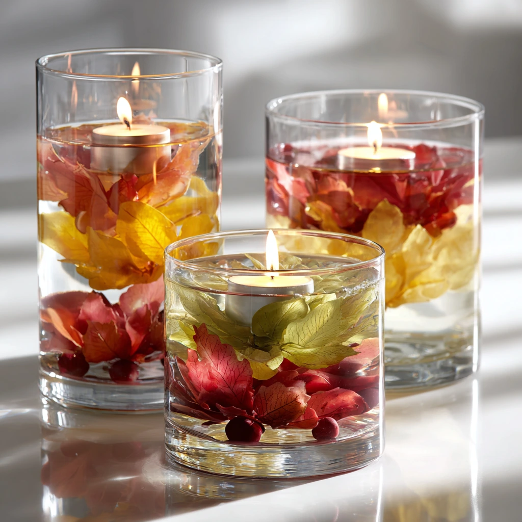 Several clear glass vases filled with colorful fall leaves, cranberries, and water, each topped with a floating candle.