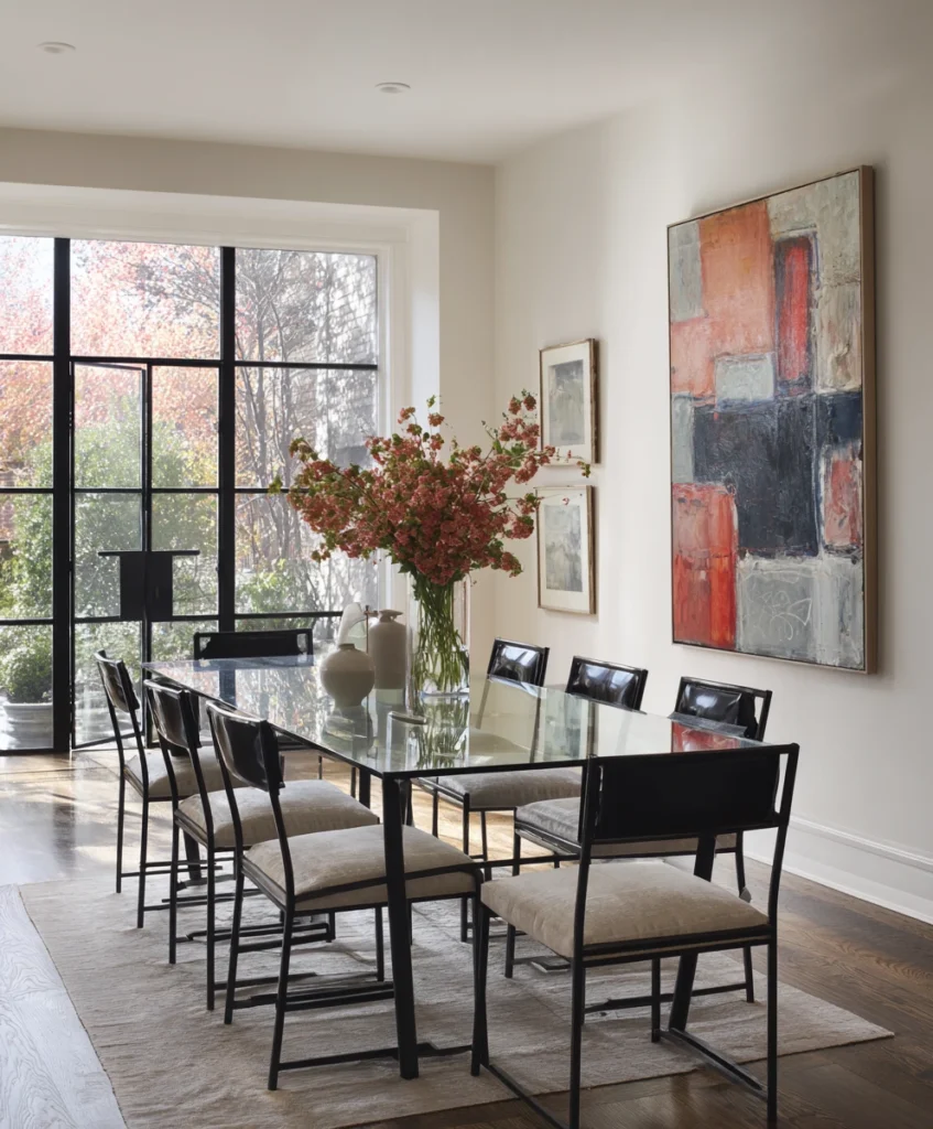 minimalist dining space with a sleek glass-top table, black metal-framed chairs, and abstract art on the walls