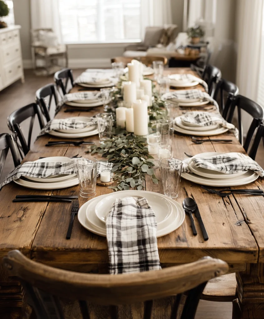 a clean, stylish farmhouse table with a natural wood surface, white dishes, plaid napkins, and black flatware