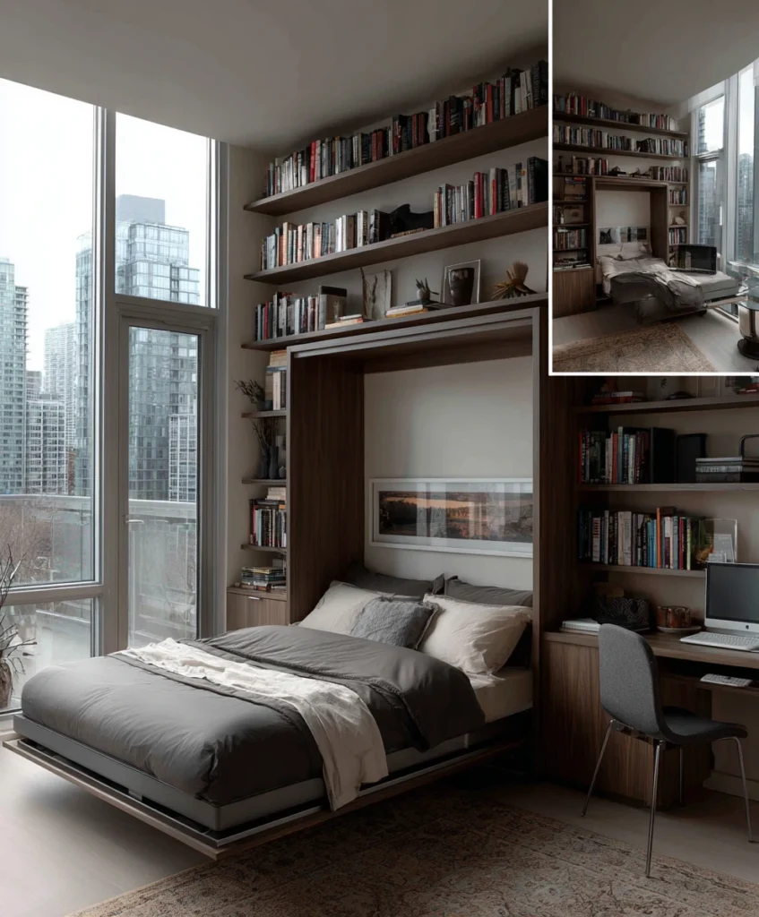 compact modern studio apartment with a Murphy bed folded down from a sleek built-in wall cabinet