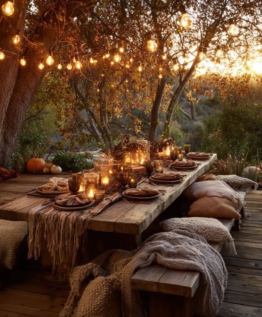 outdoor Thanksgiving feast on a wooden table under string lights and surrounded by autumn trees