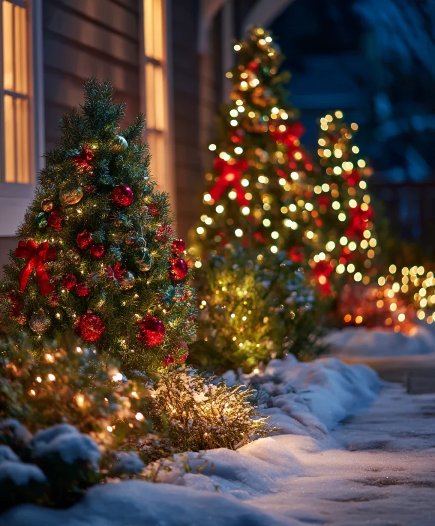 An outdoor scene featuring tall evergreen trees and shrubs wrapped in multicolored string lights.