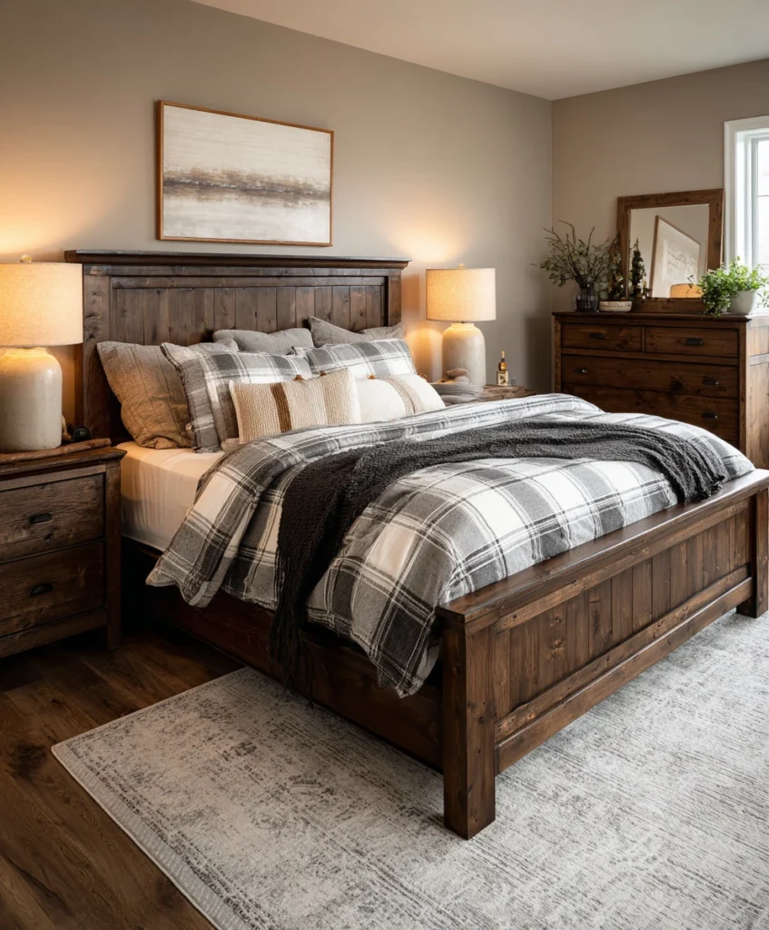 cozy farmhouse-style bedroom with a panel bed made of dark wood, complete with a tall headboard and footboard
