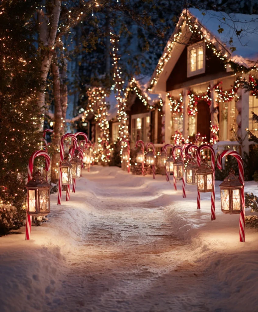 A snowy walkway leading to a decorated house, lined with glowing candy cane stake lights and solar-powered lanterns.