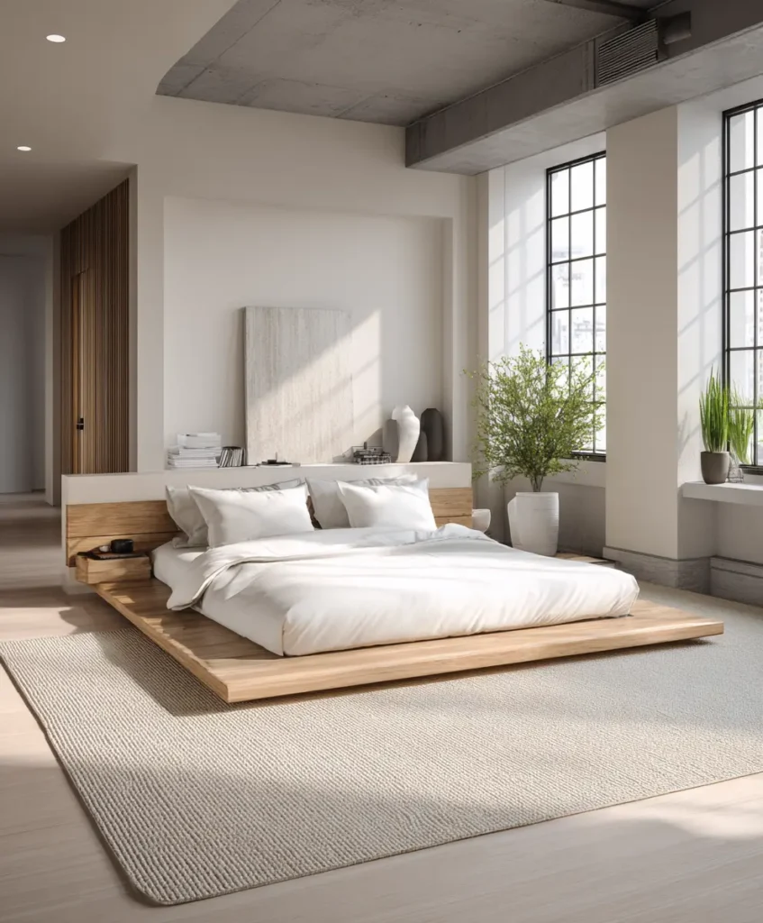 minimalist bedroom with a sleek platform bed in natural wood, low to the ground, dressed in crisp white linens