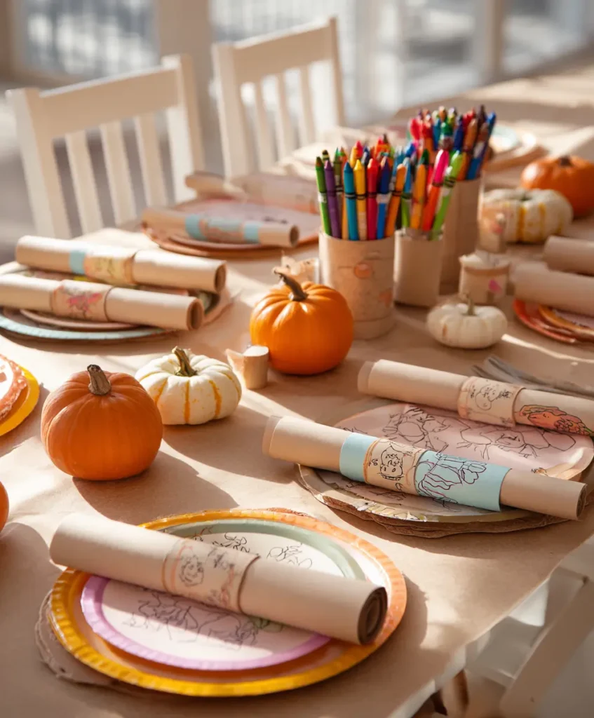 a playful kids’ Thanksgiving table featuring a kraft paper tablecloth with crayons, colorful paper plates, and turkey-themed napkin rings