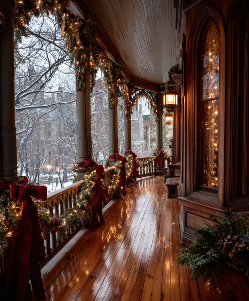 A porch with garlands draped along wooden railings and around columns, decorated with red ribbons, pinecones, and fairy lights.