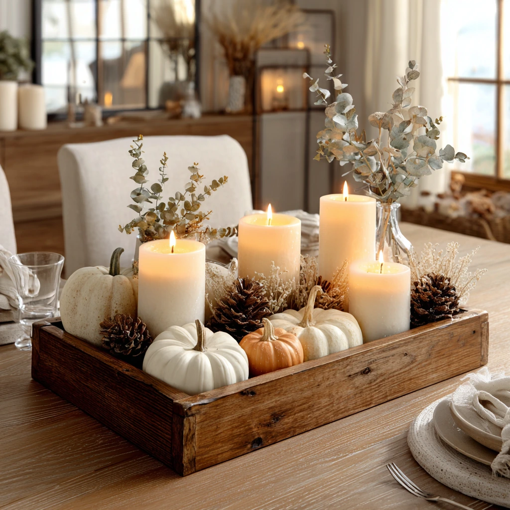 a rustic farmhouse dining table featuring a wooden tray filled with white and orange mini pumpkins, pillar candles, pinecones, and eucalyptus leaves