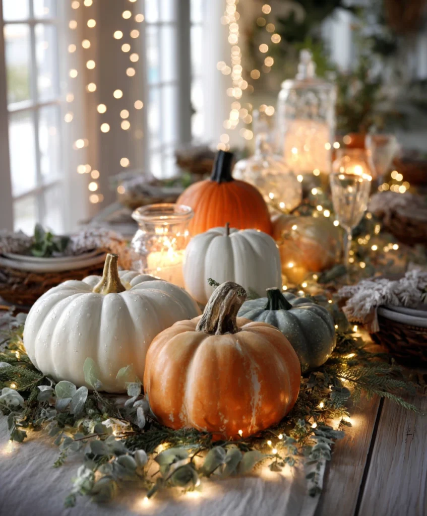 a bright, festive Thanksgiving table featuring an arrangement of pumpkins in varying colors
