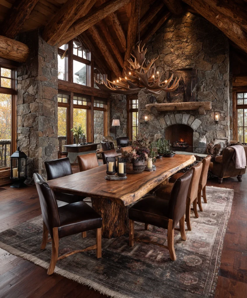 rugged lodge-style dining room with a massive wooden log table and leather chairs