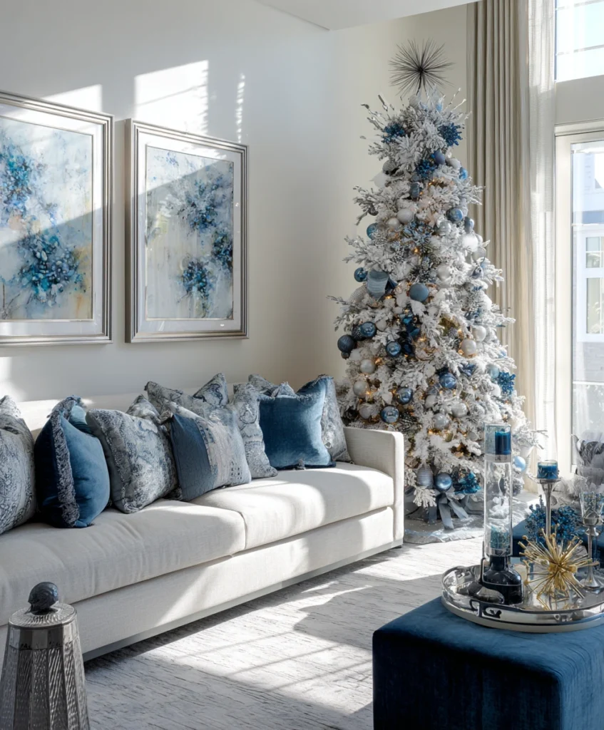 A chic living room with a frosted Christmas tree adorned with blue and silver baubles.