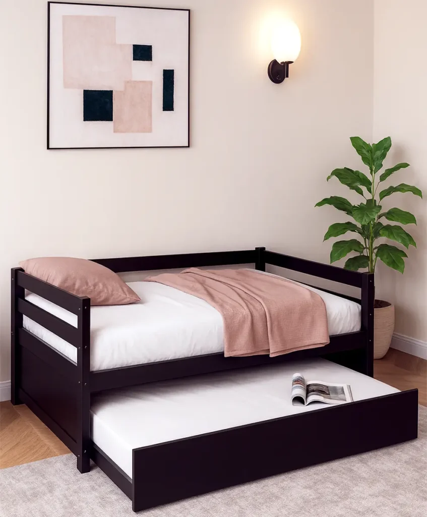 a sleek black wooden trundle bed with clean lines, styled with soft blush pink bedding and matching pillows