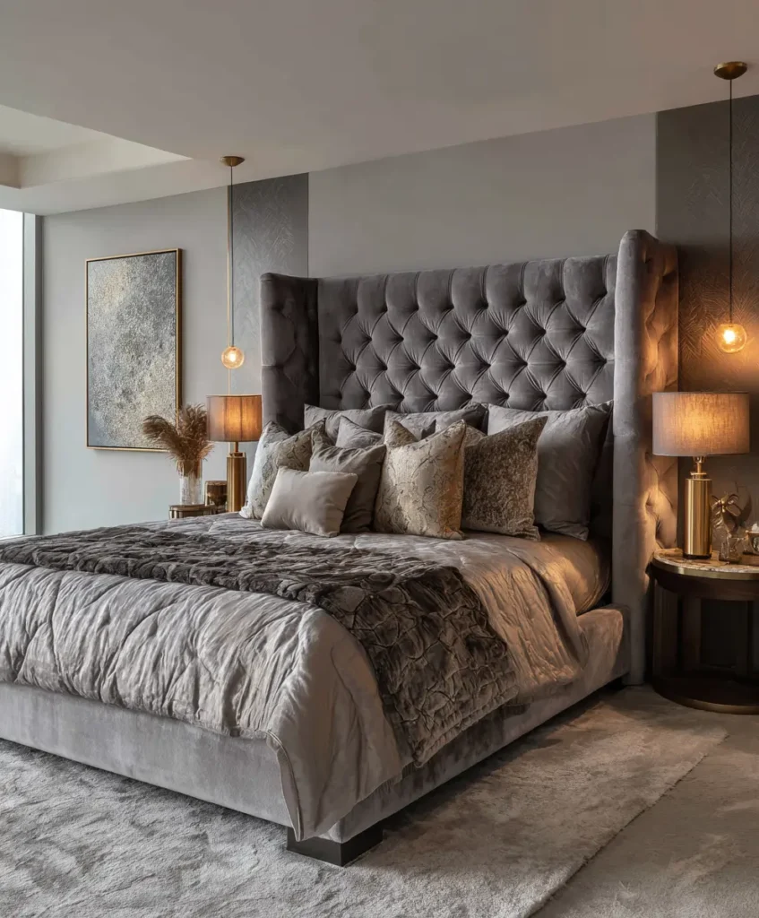 luxurious bedroom featuring an upholstered bed with a tall, tufted fabric headboard in gray velvet