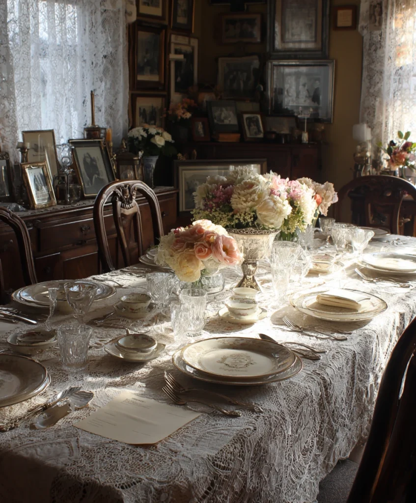 vintage Thanksgiving table setting with lace tablecloths, mismatched china, antique silverware, and soft floral arrangements