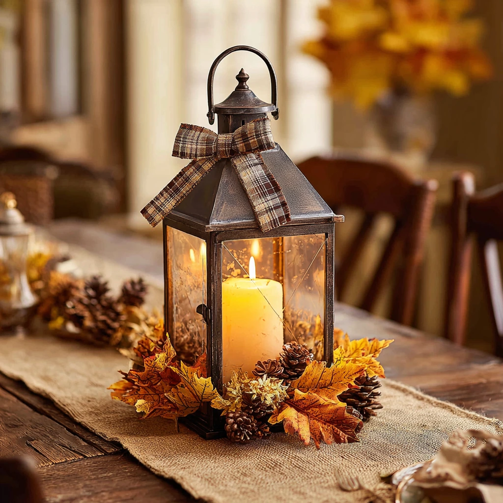 old-fashioned metal lantern with a lit candle inside, surrounded by faux autumn leaves, pinecones, and a plaid ribbon tied at the top