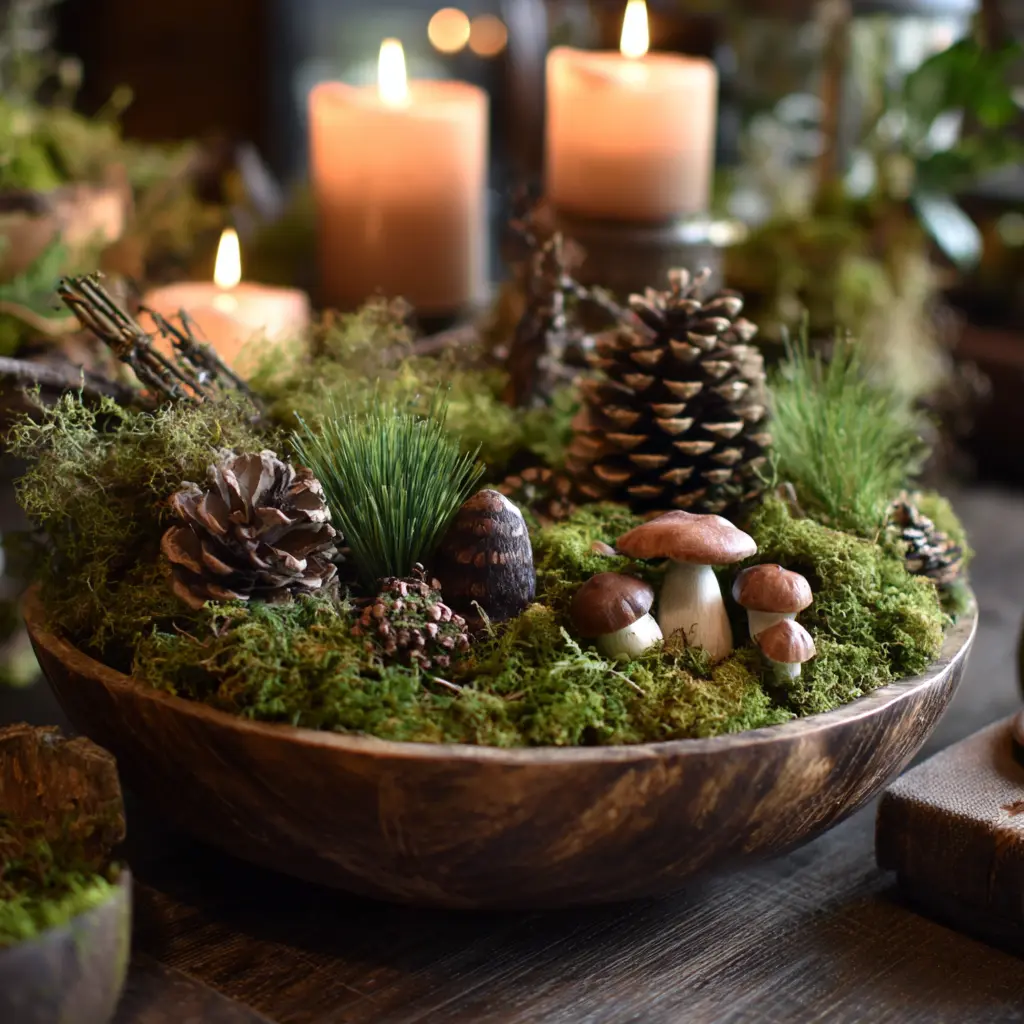 a shallow wooden bowl filled with moss, pinecones, small twigs, and miniature faux mushrooms