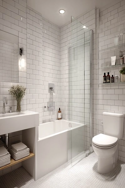 Compact Bathroom with White Subway Tile and Glass Shower
