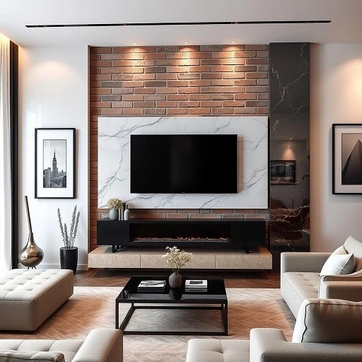 Modern Living Room with Brick and Marble TV Feature Wall