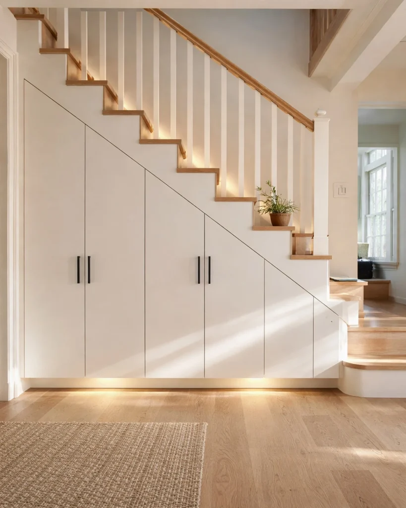 Built-in under stairs storage cabinets with matte white doors, slim black handles, wood staircase railings, and soft integrated lighting in a bright modern home.