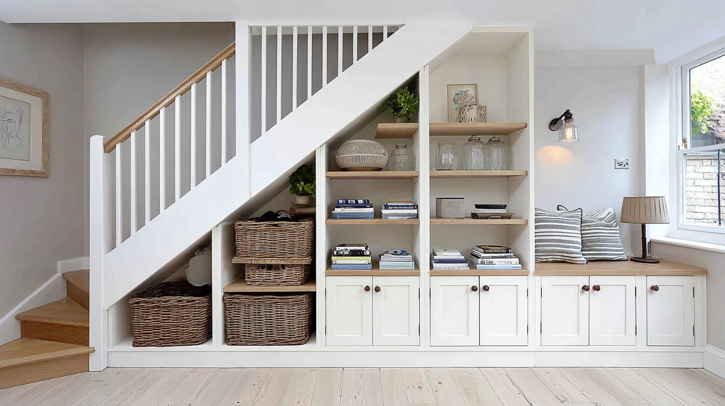 Built-in under stairs storage featuring white cabinets, open shelving, woven baskets, and a wooden staircase in a bright, modern home.
