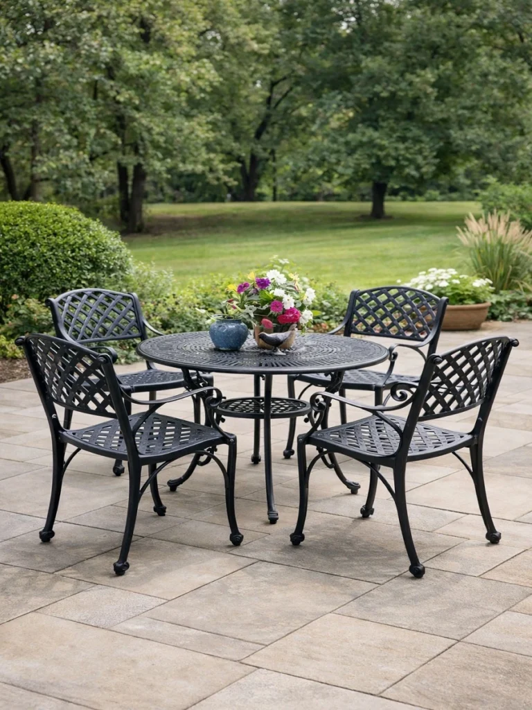 Black cast aluminum patio dining table with four matching chairs arranged on a stone patio in a spacious backyard with minimal greenery.